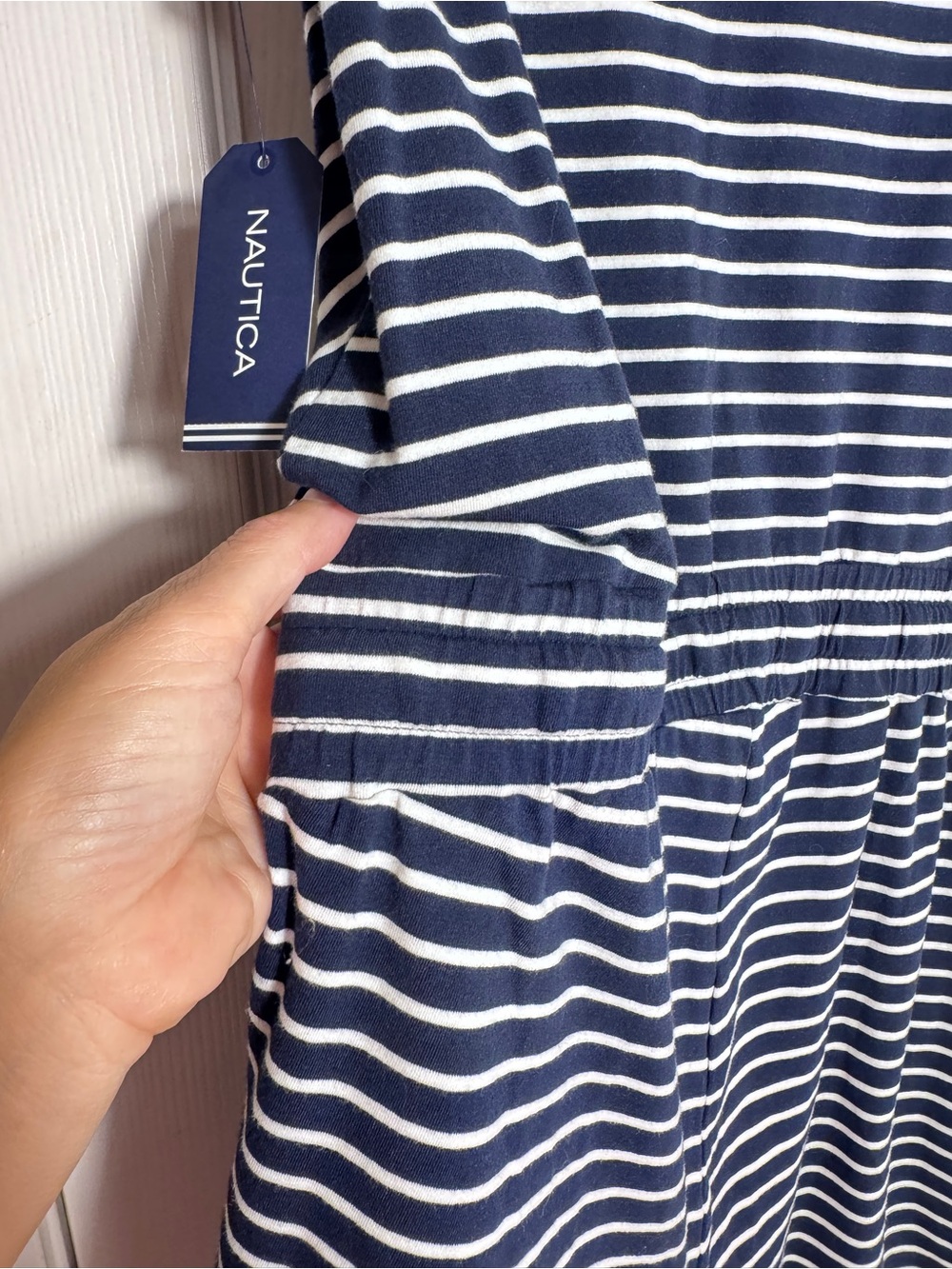 NWT Nautica Navy White Stripe Cotton/Spandex Drawstring Romper Medium - Picture 13 of 14